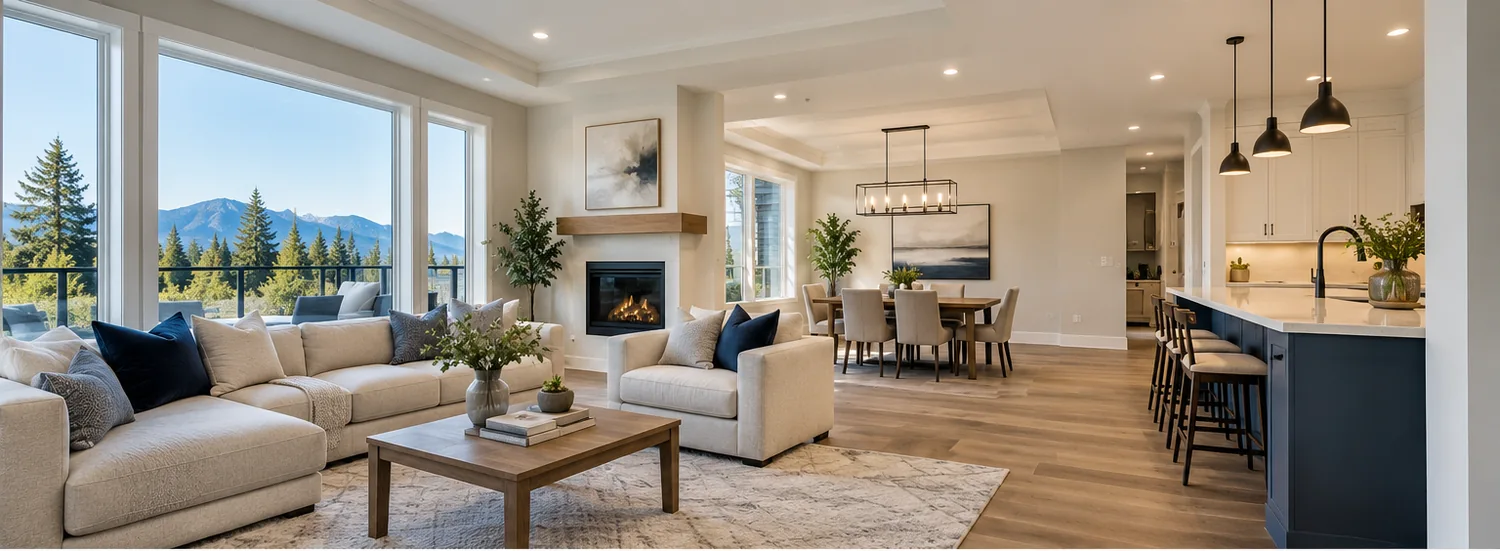 Illustrative architectural concept of a bright, freshly finished contemporary living room